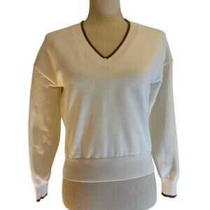 MARLED V-Neck Sweater White Long Sleeve Brown Trim Fall Minimalist | XS